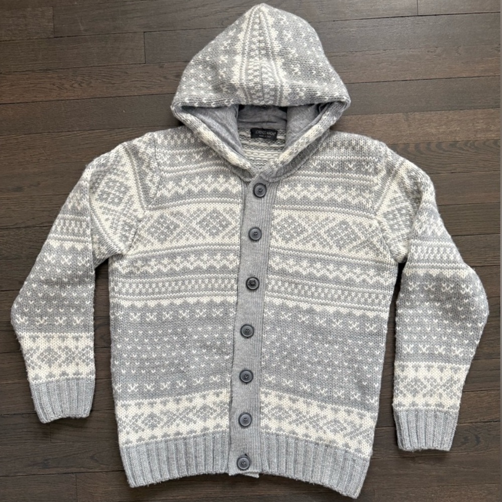Wool Gray and White Hooded Cardigan